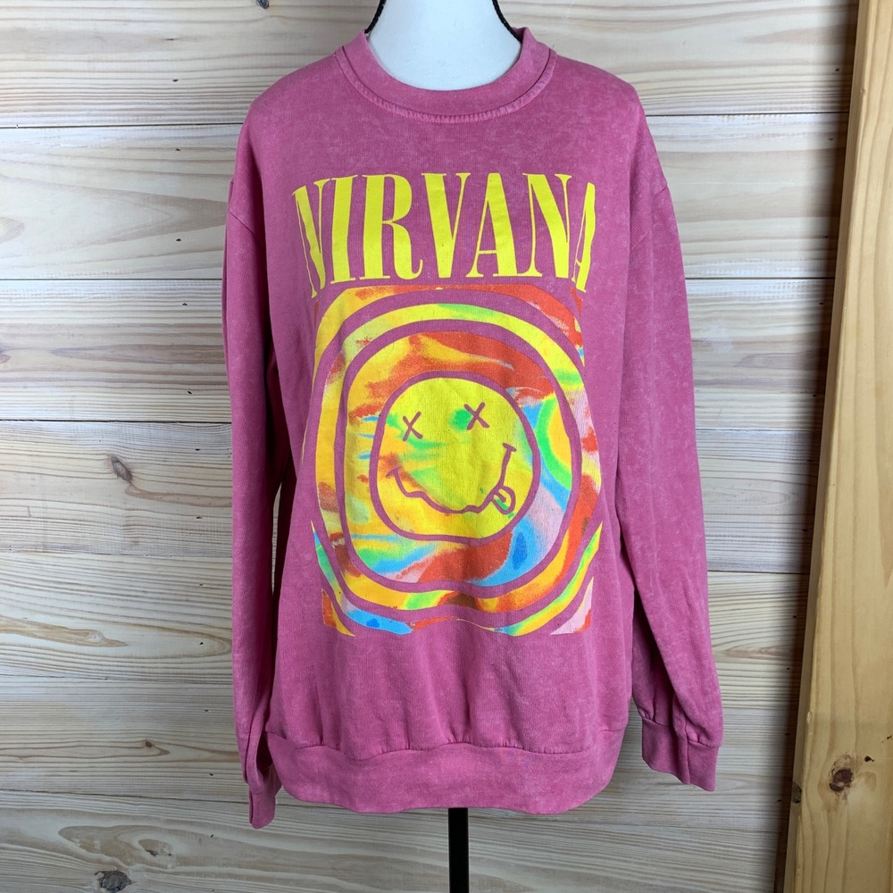 Nirvana Sweatshirt Women L Pink Acid Wash Smiley Face Pullover Girly Grunge